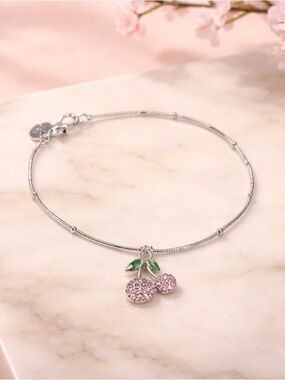925 Sterling Silver chain, Cherry Pendant Bracelet with Pink Crystal Accents